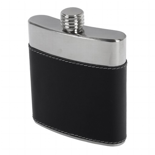 Taschenflasche/Flachmann Edelstahl Leder schwarz/chrom