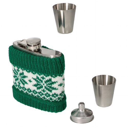 Taschenflasche/Flachmann Set ANGELO Stoff grün 2 Bechern/Trichter