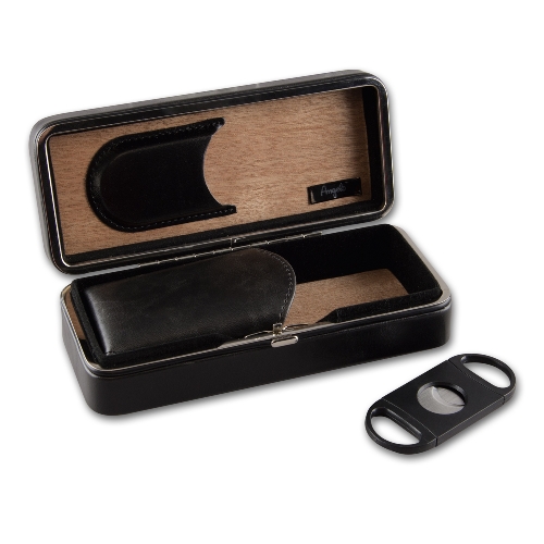 Cigarrenetui Kunstleder schwarz mit Cutter innen Zedernholz