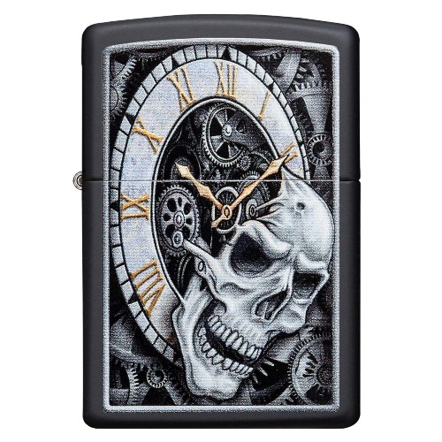 Zippo schwarz matt Skull Clock
